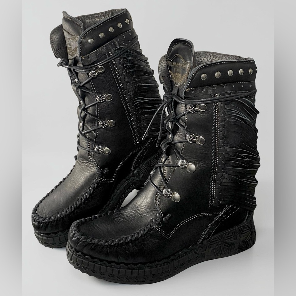 El Vaquero Zaira Savage Void Black Wedge Moccasin Boots Size 37 NIB